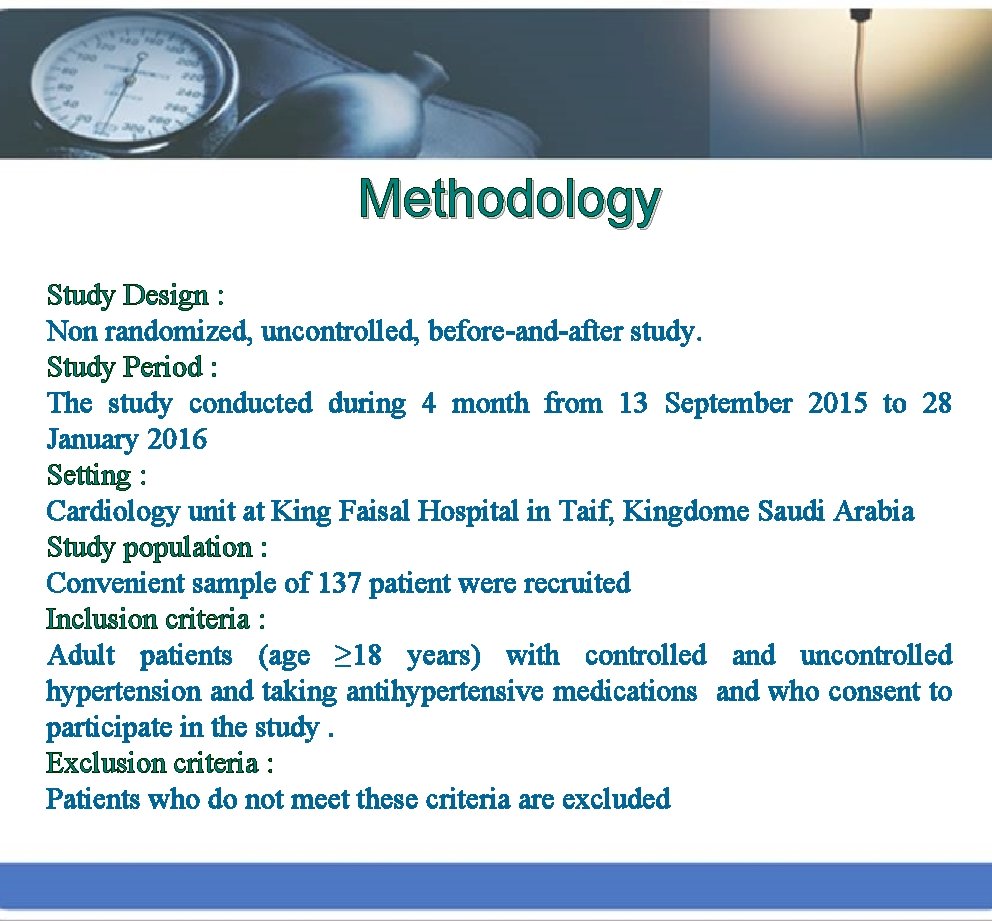 Methodology Study Design : Non randomized, uncontrolled, before-and-after study. Study Period : The study