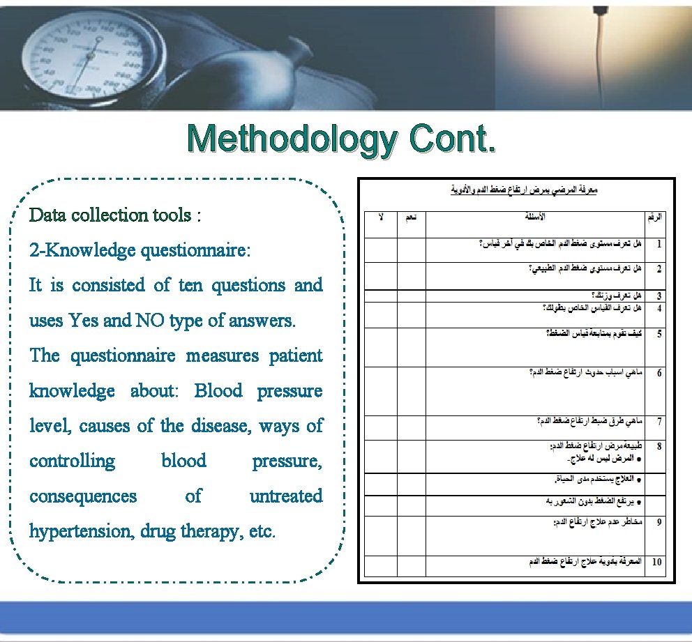 Methodology Cont. Data collection tools : 2 -Knowledge questionnaire: It is consisted of ten