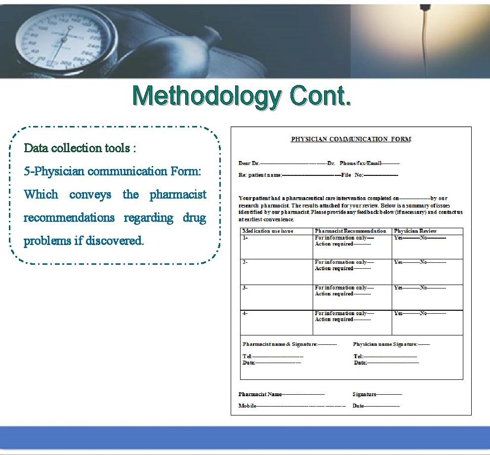 Methodology Cont. Data collection tools : 5 -Physician communication Form: Which conveys the pharmacist