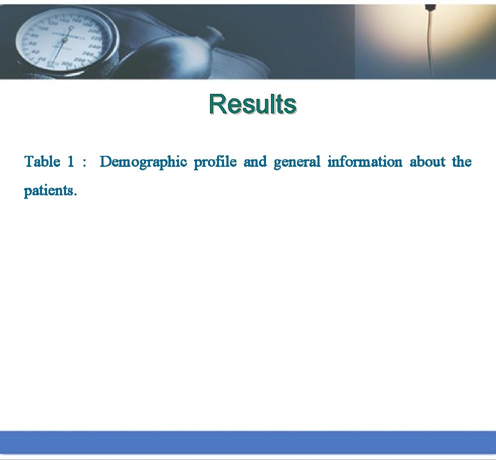 Results Table 1 : Demographic profile and general information about the patients. 