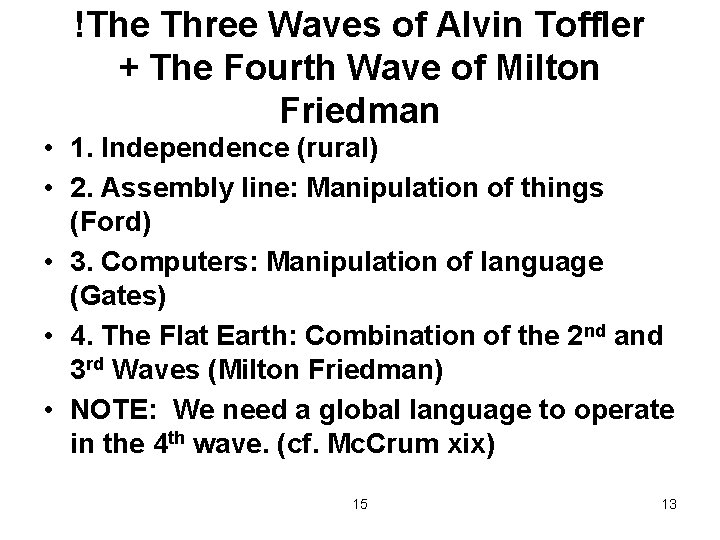 !The Three Waves of Alvin Toffler + The Fourth Wave of Milton Friedman •