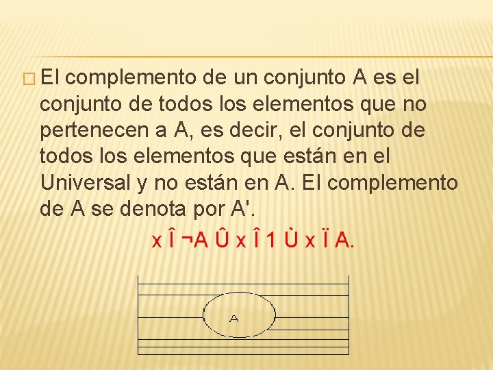 � El complemento de un conjunto A es el conjunto de todos los elementos