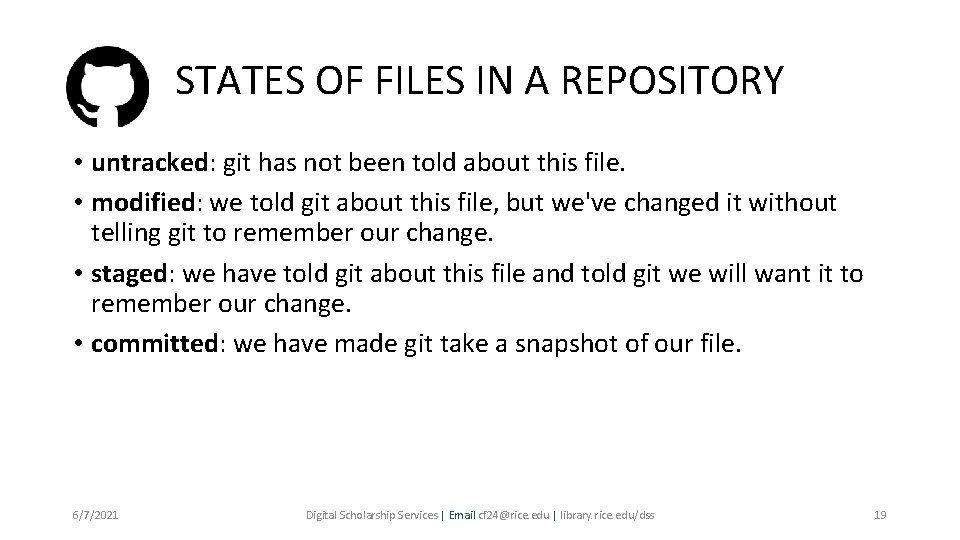 STATES OF FILES IN A REPOSITORY • untracked: git has not been told about