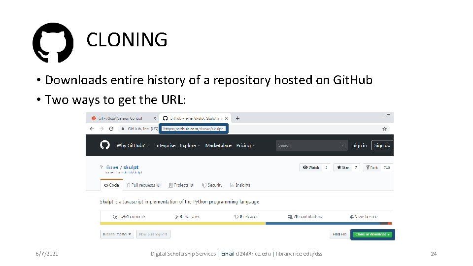 CLONING • Downloads entire history of a repository hosted on Git. Hub • Two