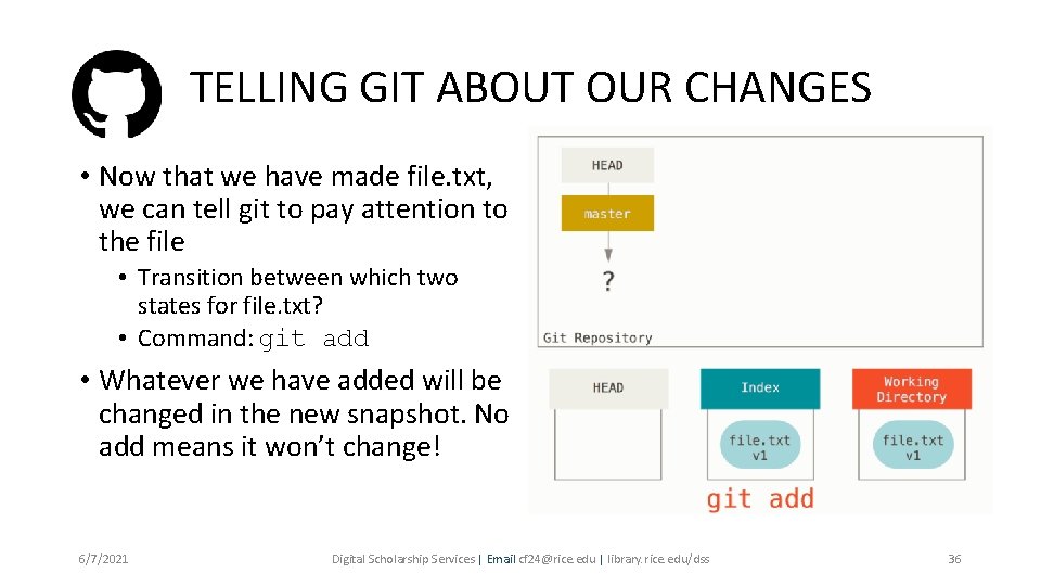 TELLING GIT ABOUT OUR CHANGES • Now that we have made file. txt, we
