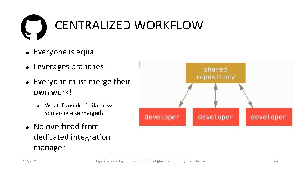 CENTRALIZED WORKFLOW Everyone is equal Leverages branches Everyone must merge their own work! What
