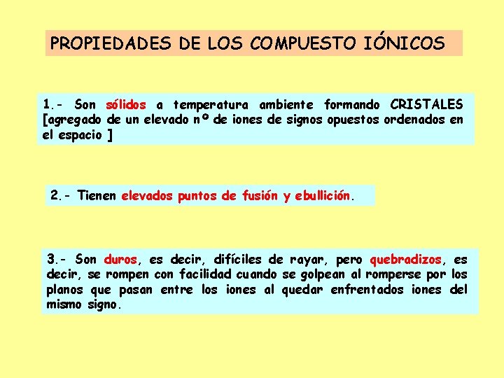 PROPIEDADES DE LOS COMPUESTO IÓNICOS 1. - Son sólidos a temperatura ambiente formando CRISTALES