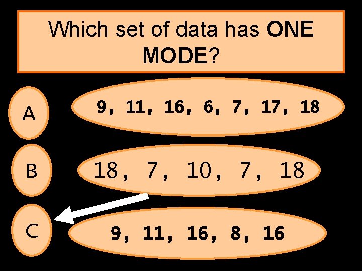 Which set of data has ONE MODE? A 9, 11, 16, 6, 7, 18