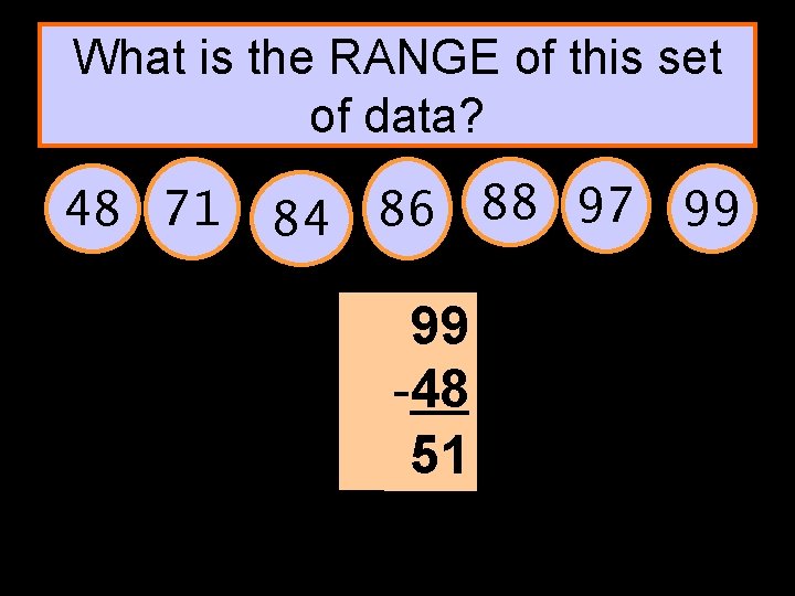 What is the RANGE of this set of data? 48 71 88 97 99