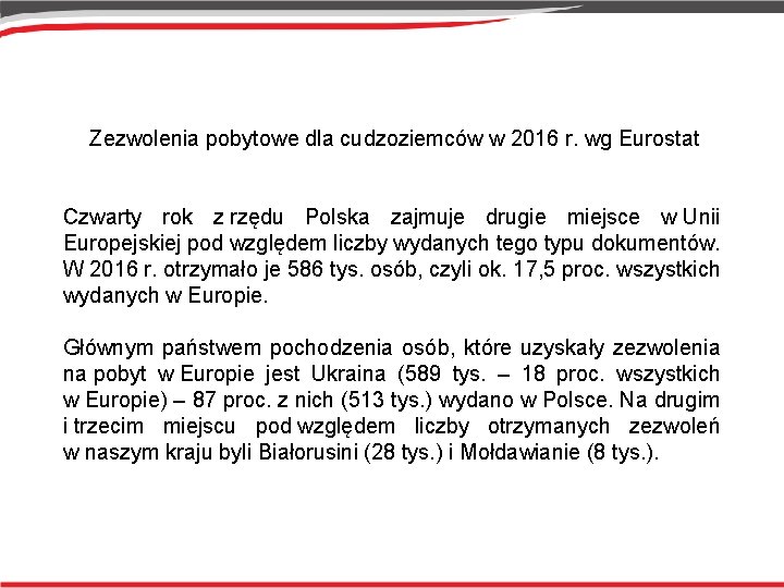 Zezwolenia pobytowe dla cudzoziemców w 2016 r. wg Eurostat Czwarty rok z rzędu Polska