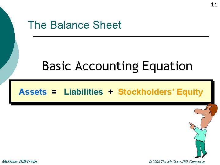 11 The Balance Sheet Basic Accounting Equation Assets = Liabilities + Stockholders’ Equity Mc.