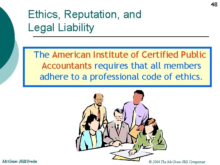 48 Ethics, Reputation, and Legal Liability The American Institute of Certified Public Accountants requires