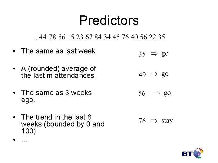 Predictors • The same as last week • A (rounded) average of the last