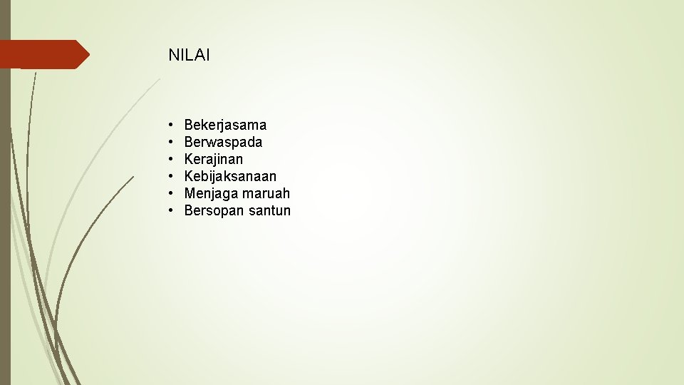 NILAI • • • Bekerjasama Berwaspada Kerajinan Kebijaksanaan Menjaga maruah Bersopan santun 