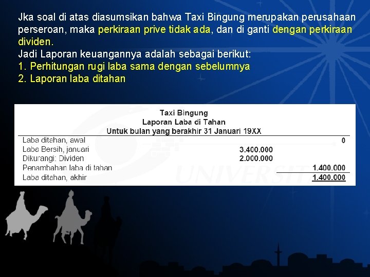 Jka soal di atas diasumsikan bahwa Taxi Bingung merupakan perusahaan perseroan, maka perkiraan prive