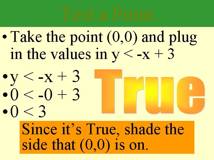 Test a Point • Take the point (0, 0) and plug in the values