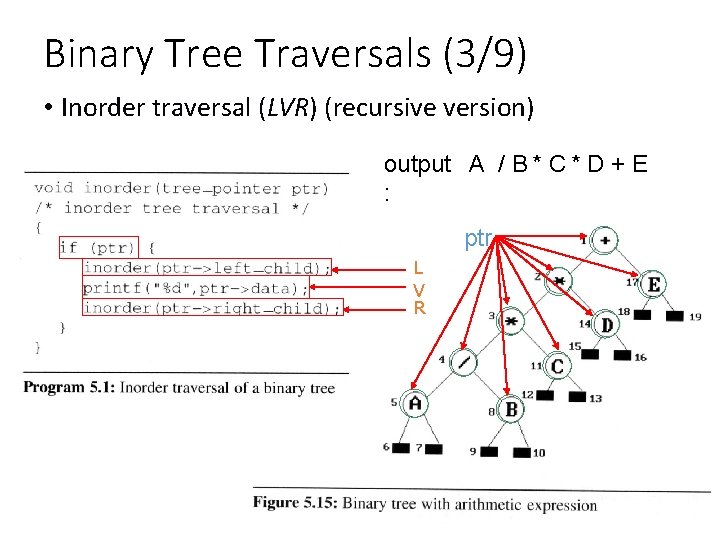 Binary Tree Traversals (3/9) • Inorder traversal (LVR) (recursive version) output A / B