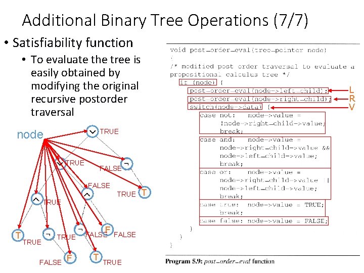 Additional Binary Tree Operations (7/7) • Satisfiability function • To evaluate the tree is