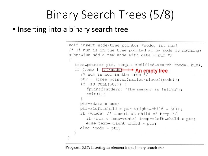 Binary Search Trees (5/8) • Inserting into a binary search tree An empty tree