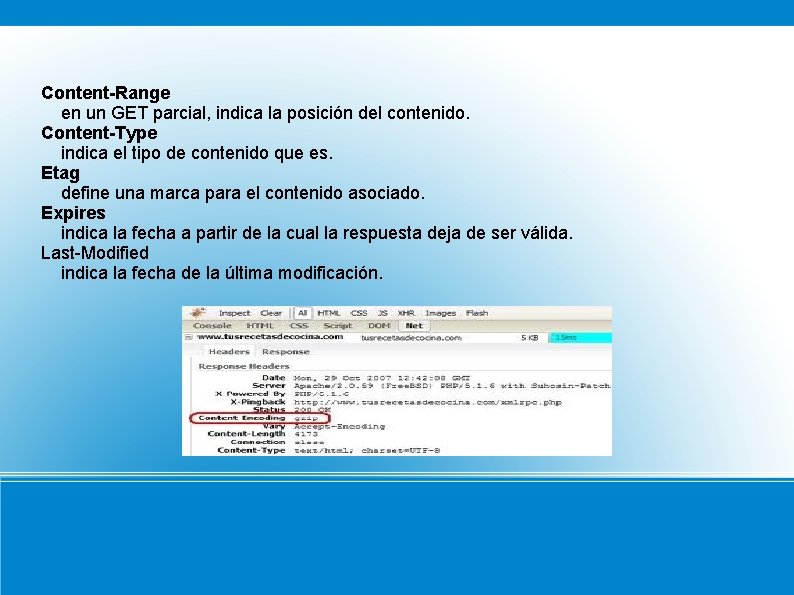 Content-Range en un GET parcial, indica la posición del contenido. Content-Type indica el tipo