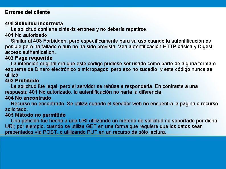 Errores del cliente 400 Solicitud incorrecta La solicitud contiene sintaxis errónea y no debería