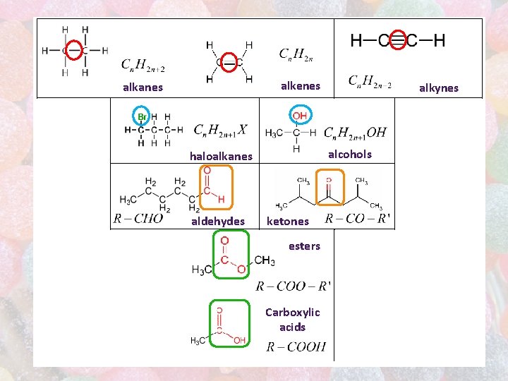 alkenes alkanes alcohols haloalkanes aldehydes alkynes ketones esters Carboxylic acids alkenes alkanes alcohols haloalkanes aldehydes alkynes ketones esters Carboxylic acids