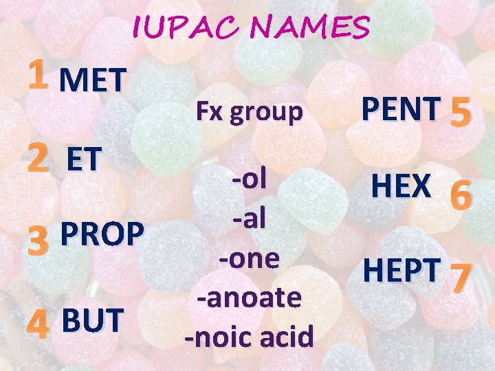 1 MET IUPAC NAMES 2 ET 3 PROP 4 BUT Fx group -ol -al 1 MET IUPAC NAMES 2 ET 3 PROP 4 BUT Fx group -ol -al