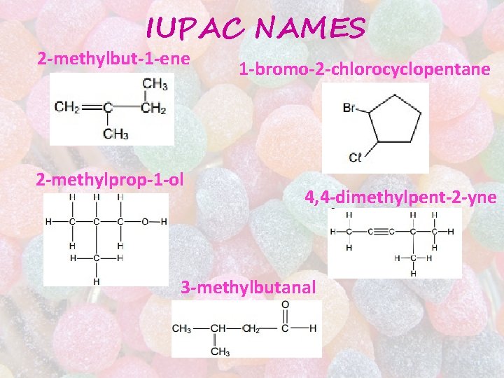 IUPAC NAMES 2 -methylbut-1 -ene 2 -methylprop-1 -ol 1 -bromo-2 -chlorocyclopentane 4, 4 -dimethylpent-2 IUPAC NAMES 2 -methylbut-1 -ene 2 -methylprop-1 -ol 1 -bromo-2 -chlorocyclopentane 4, 4 -dimethylpent-2