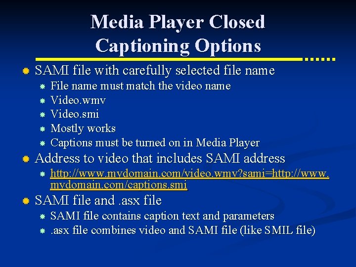 Media Player Closed Captioning Options ® SAMI file with carefully selected file name File