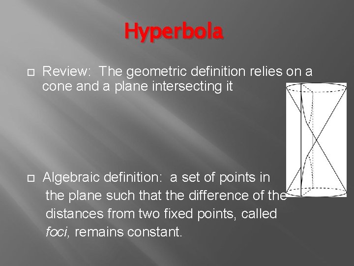 Hyperbola Review: The geometric definition relies on a cone and a plane intersecting it