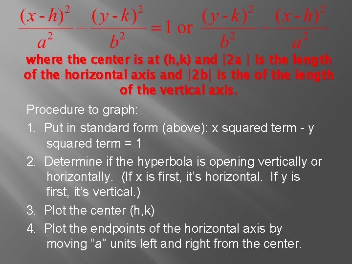 where the center is at (h, k) and |2 a | is the length