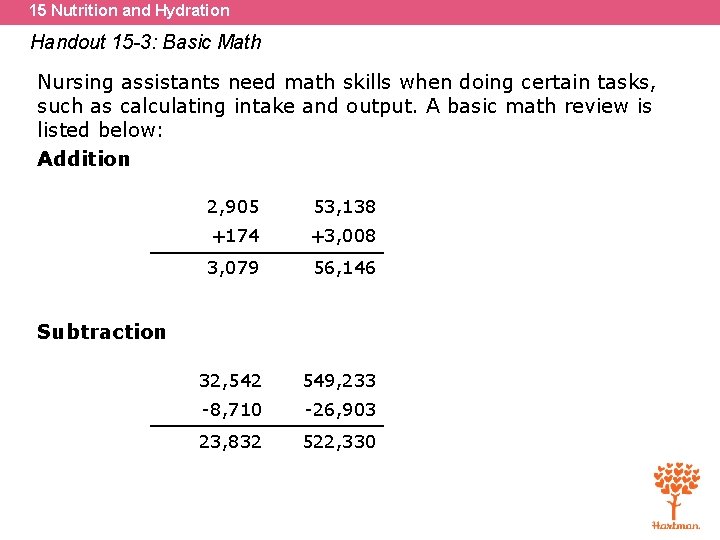 15 Nutrition and Hydration Handout 15 -3: Basic Math Nursing assistants need math skills