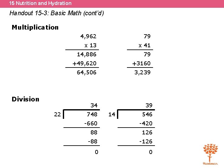 15 Nutrition and Hydration Handout 15 -3: Basic Math (cont’d) Multiplication Division 4, 962