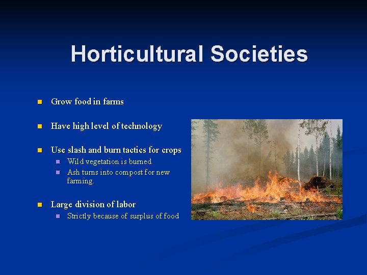Horticultural Societies n Grow food in farms n Have high level of technology n
