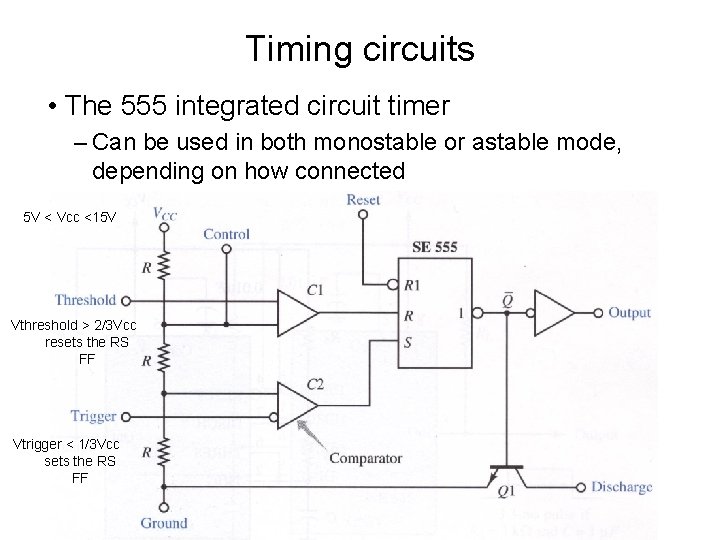 Timing circuits • The 555 integrated circuit timer – Can be used in both