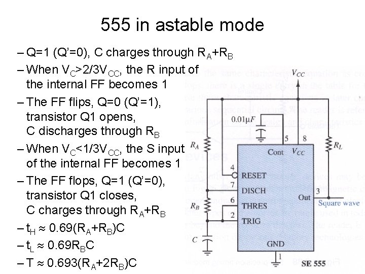 555 in astable mode – Q=1 (Q’=0), C charges through RA+RB – When VC>2/3