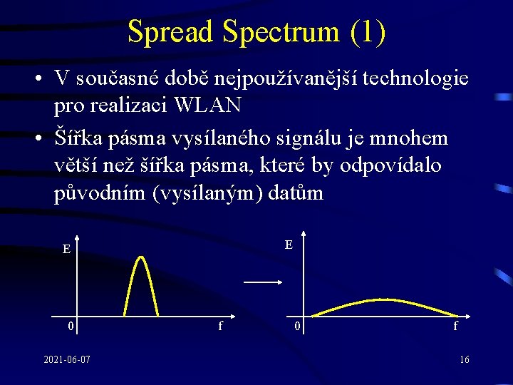 Spread Spectrum (1) • V současné době nejpoužívanější technologie pro realizaci WLAN • Šířka