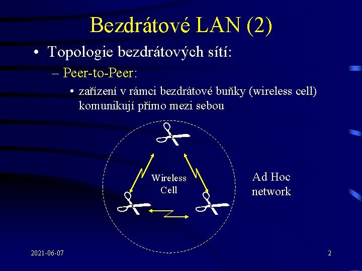 Bezdrátové LAN (2) • Topologie bezdrátových sítí: – Peer-to-Peer: • zařízení v rámci bezdrátové