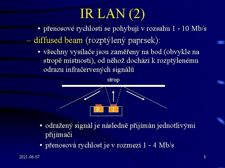 IR LAN (2) • přenosové rychlosti se pohybují v rozsahu 1 - 10 Mb/s