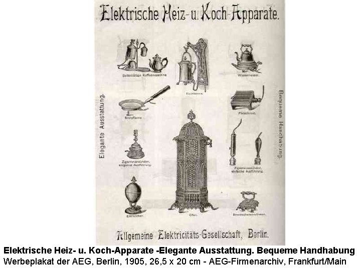 Elektrische Heiz- u. Koch-Apparate -Elegante Ausstattung. Bequeme Handhabung Werbeplakat der AEG, Berlin, 1905, 26,