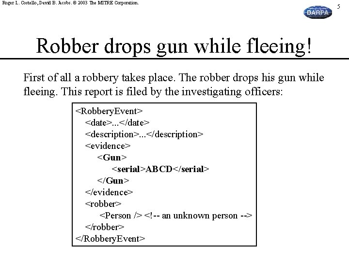 Roger L. Costello, David B. Jacobs. © 2003 The MITRE Corporation. Robber drops gun