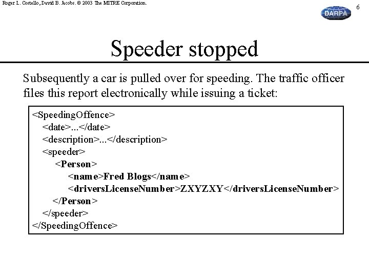 Roger L. Costello, David B. Jacobs. © 2003 The MITRE Corporation. Speeder stopped Subsequently