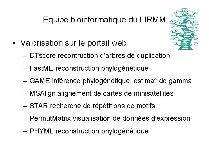 Equipe bioinformatique du LIRMM • Valorisation sur le portail web – DTscore recontruction d’arbres