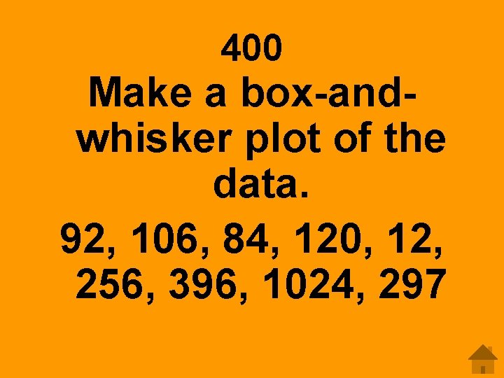 400 Make a box-andwhisker plot of the data. 92, 106, 84, 120, 12, 256,