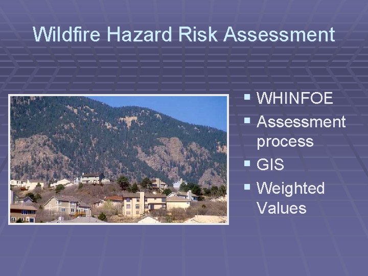 Wildfire Hazard Risk Assessment § WHINFOE § Assessment process § GIS § Weighted Values