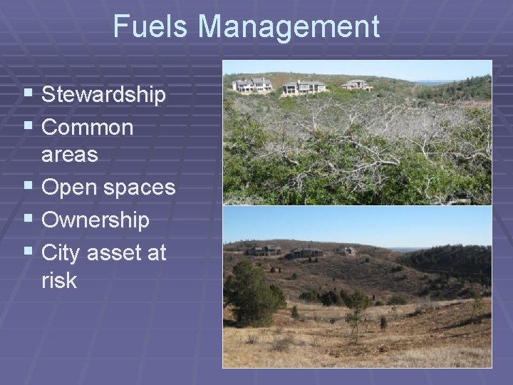 Fuels Management § Stewardship § Common areas § Open spaces § Ownership § City