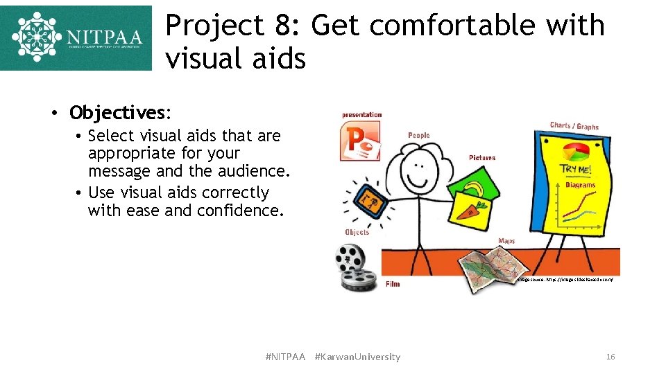 Project 8: Get comfortable with visual aids • Objectives: • Select visual aids that