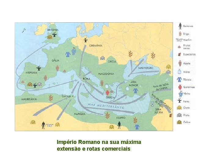 Império Romano na sua máxima extensão e rotas comerciais 