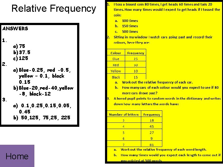 Relative Frequency ANSWERS 1. 2. 3. a) 75 b) 37. 5 c) 125 a)