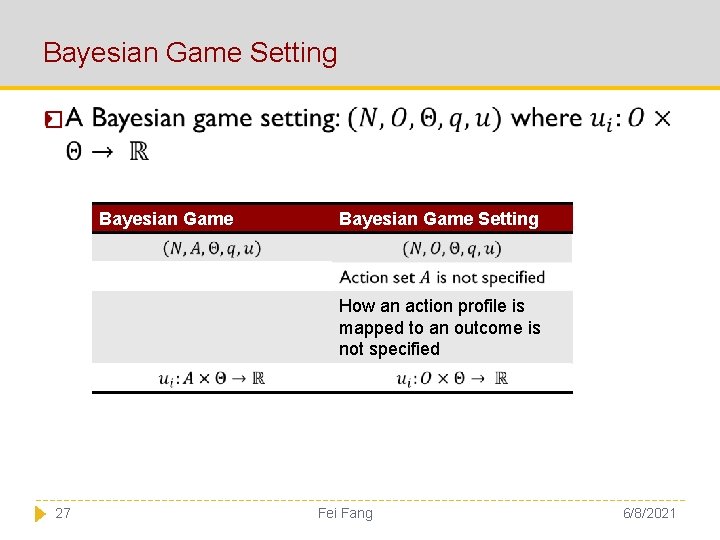 Bayesian Game Setting � Bayesian Game Setting How an action profile is mapped to